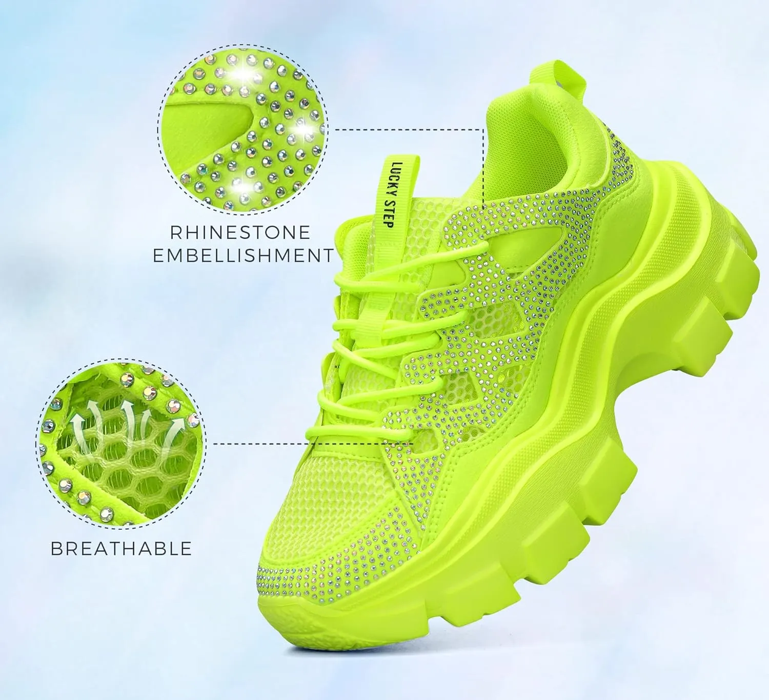 LUCKY STEP Women Chunky Platform Dad Colorblock White Neon Green Fuchsia Hologram Silver Casual Lace-Up Walking Sneakers