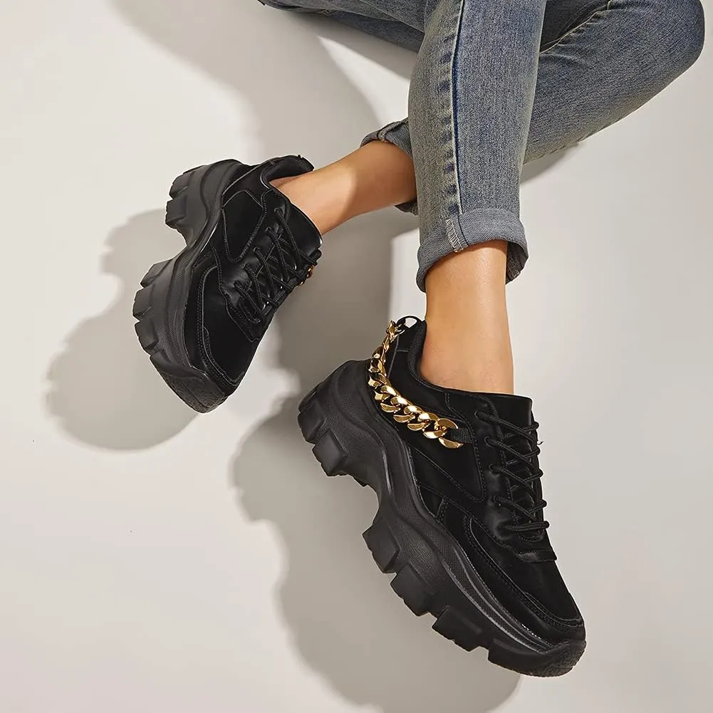 LUCKY STEP Women Chunky Platform Dad Colorblock White Neon Green Fuchsia Hologram Silver Casual Lace-Up Walking Sneakers