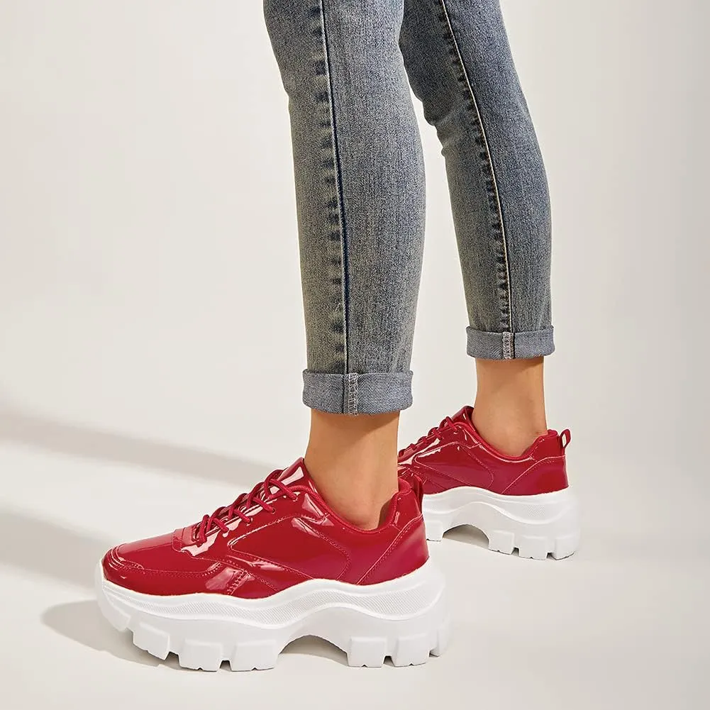 LUCKY STEP Women Chunky Platform Dad Colorblock White Neon Green Fuchsia Hologram Silver Casual Lace-Up Walking Sneakers