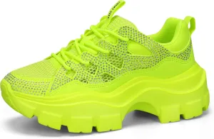 LUCKY STEP Women Chunky Platform Dad Colorblock White Neon Green Fuchsia Hologram Silver Casual Lace-Up Walking Sneakers