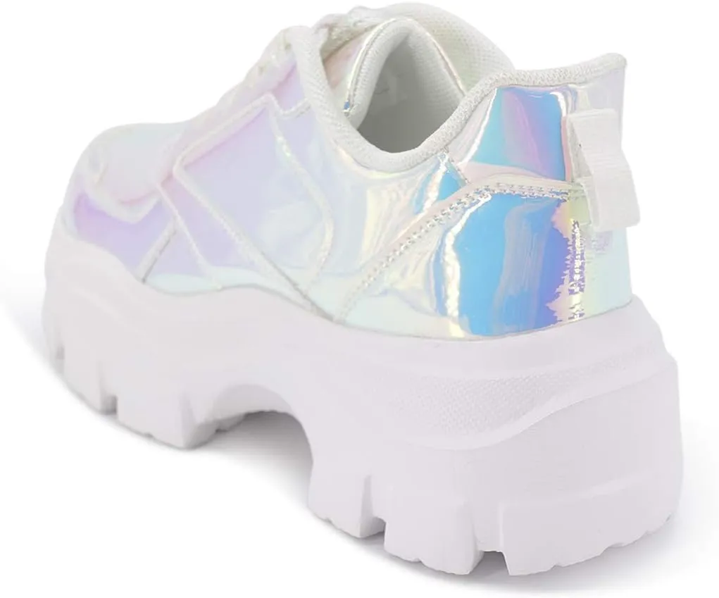 LUCKY STEP Women Chunky Platform Dad Colorblock White Neon Green Fuchsia Hologram Silver Casual Lace-Up Walking Sneakers