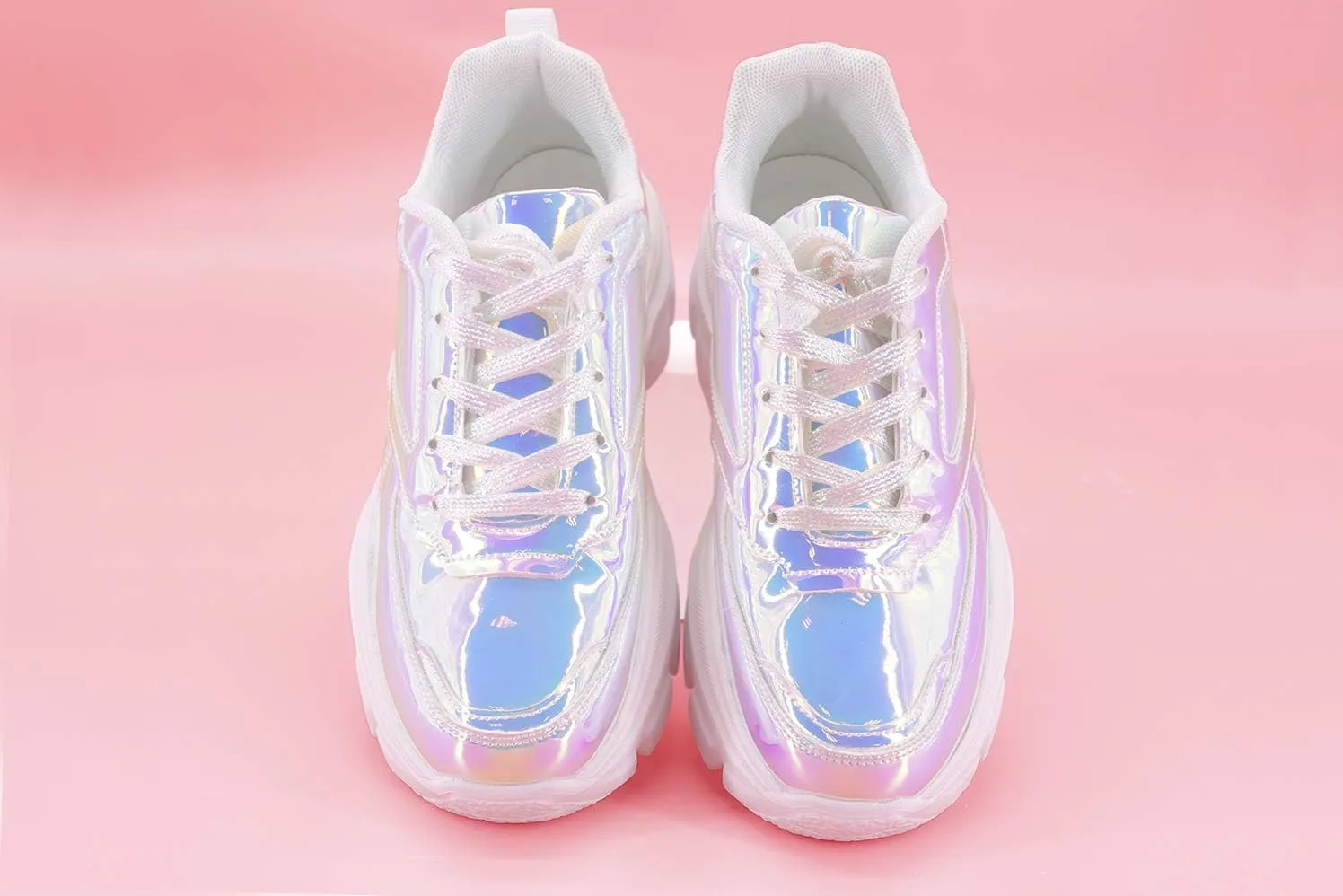 LUCKY STEP Women Chunky Platform Dad Colorblock White Neon Green Fuchsia Hologram Silver Casual Lace-Up Walking Sneakers