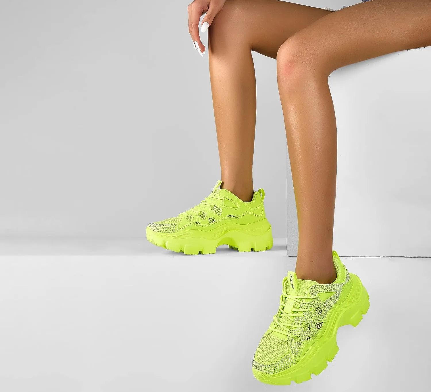 LUCKY STEP Women Chunky Platform Dad Colorblock White Neon Green Fuchsia Hologram Silver Casual Lace-Up Walking Sneakers