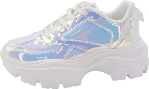 LUCKY STEP Women Chunky Platform Dad Colorblock White Neon Green Fuchsia Hologram Silver Casual Lace-Up Walking Sneakers