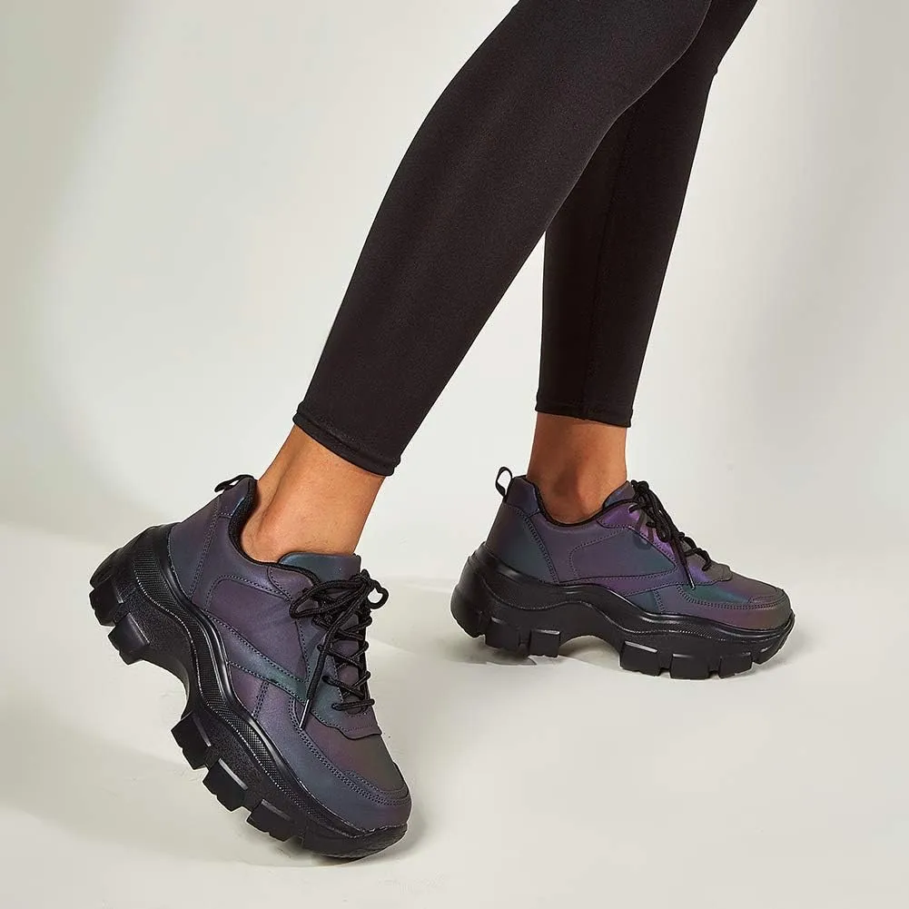 LUCKY STEP Women Chunky Platform Dad Colorblock White Neon Green Fuchsia Hologram Silver Casual Lace-Up Walking Sneakers