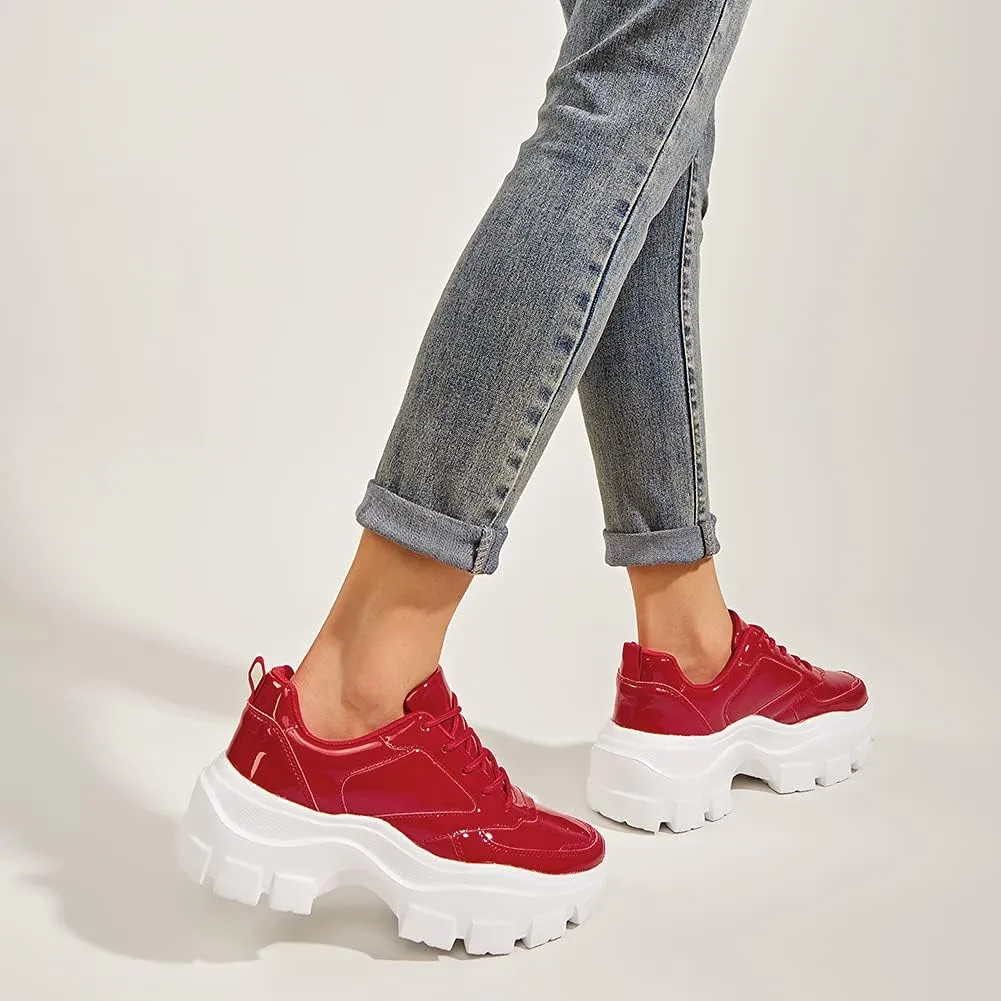 LUCKY STEP Women Chunky Platform Dad Colorblock White Neon Green Fuchsia Hologram Silver Casual Lace-Up Walking Sneakers