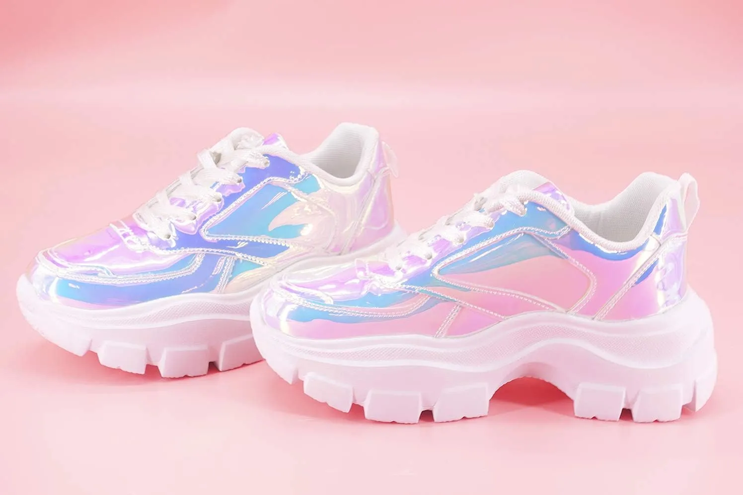 LUCKY STEP Women Chunky Platform Dad Colorblock White Neon Green Fuchsia Hologram Silver Casual Lace-Up Walking Sneakers