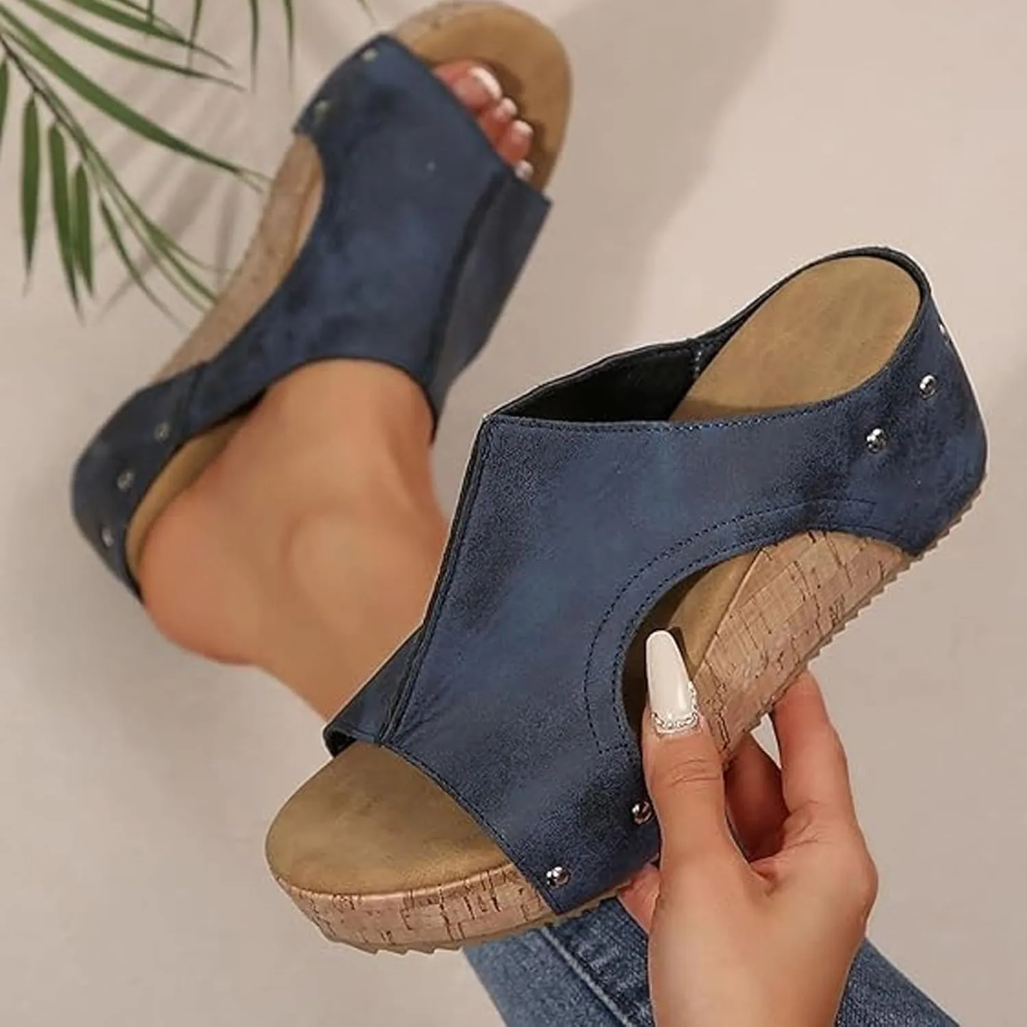 Lumi Cork Wedges, Maison Birch Lumi Cork Wedges, Women's Thick Sole Comfy Leather Wedge Non-slip Orthopedic Sandals