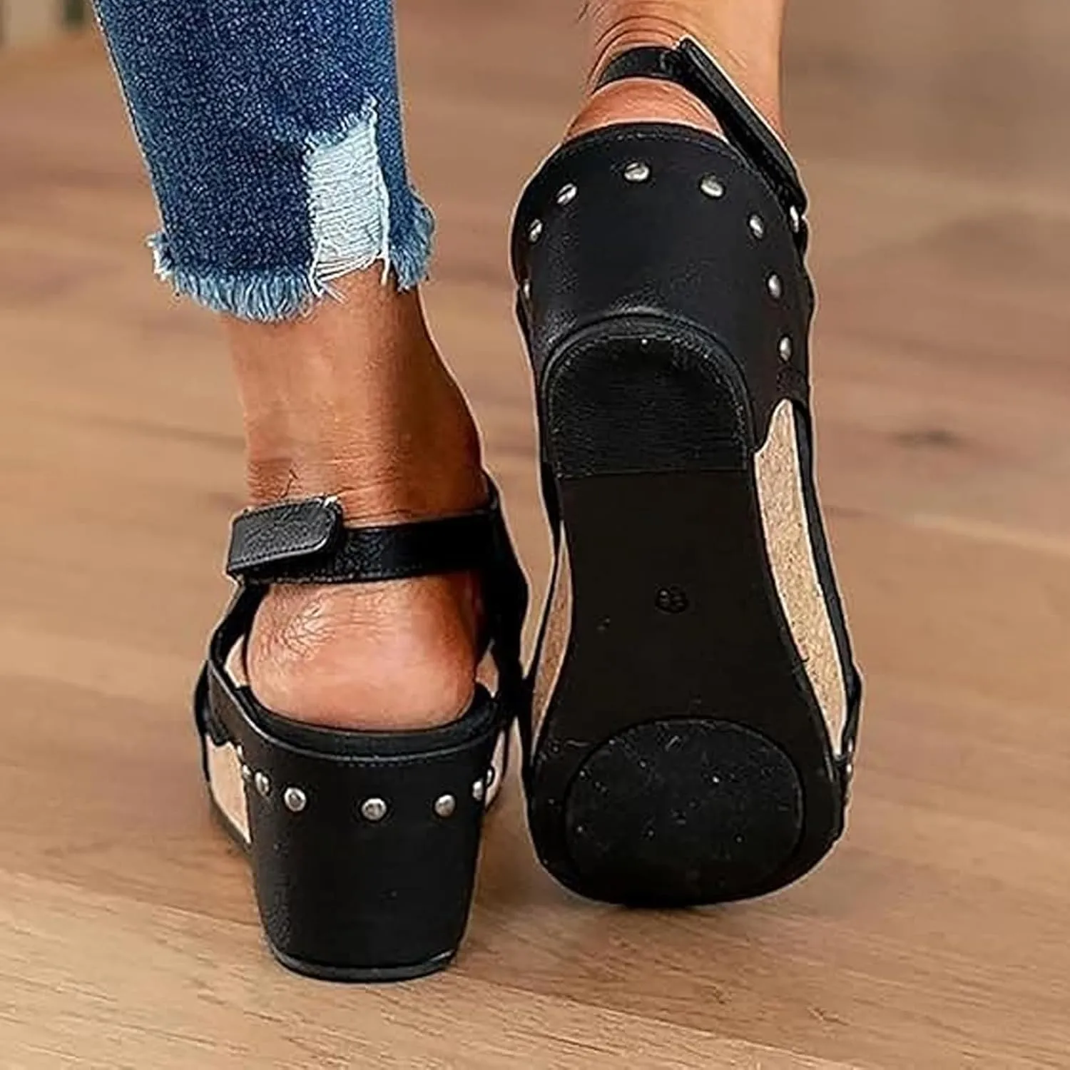 Lumi Cork Wedges, Maison Birch Lumi Cork Wedges, Women's Thick Sole Comfy Leather Wedge Non-slip Orthopedic Sandals