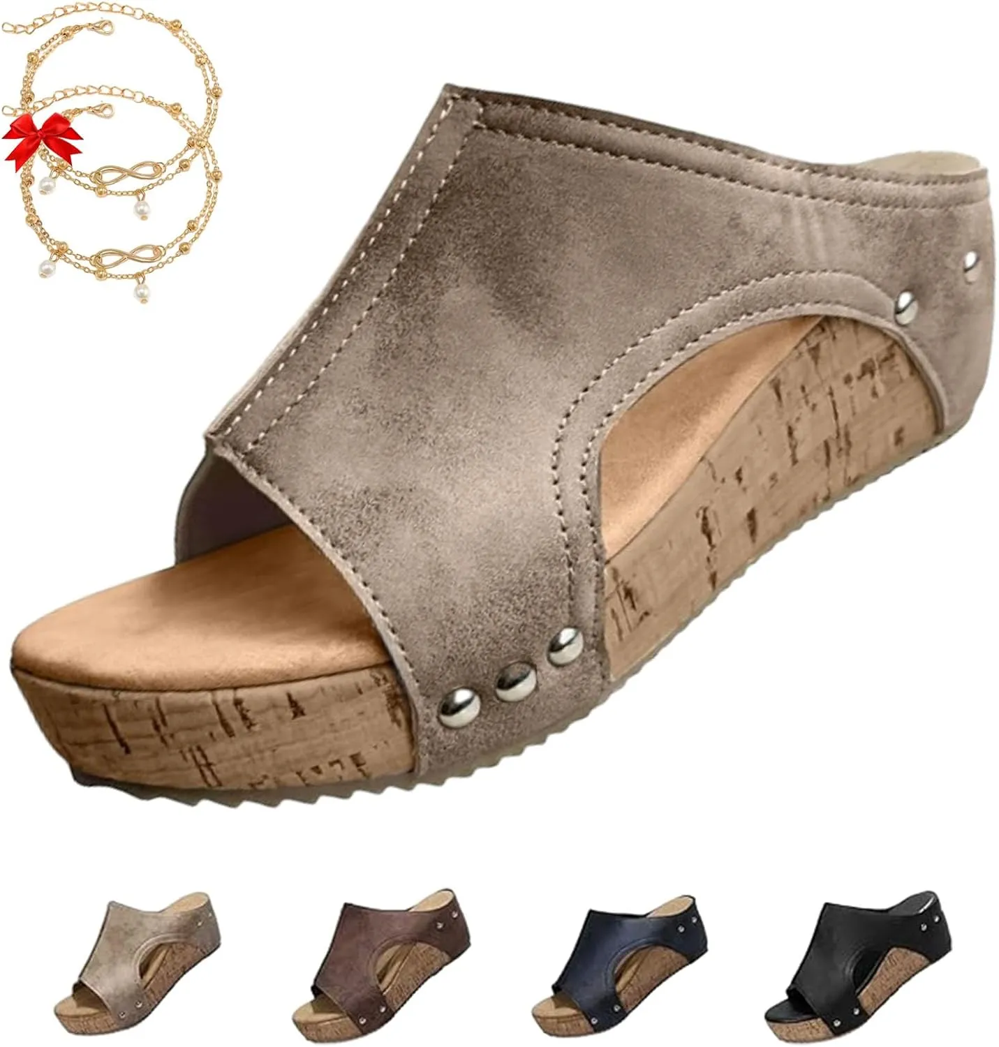 Lumi Cork Wedges, Maison Birch Lumi Cork Wedges, Women's Thick Sole Comfy Leather Wedge Non-slip Orthopedic Sandals