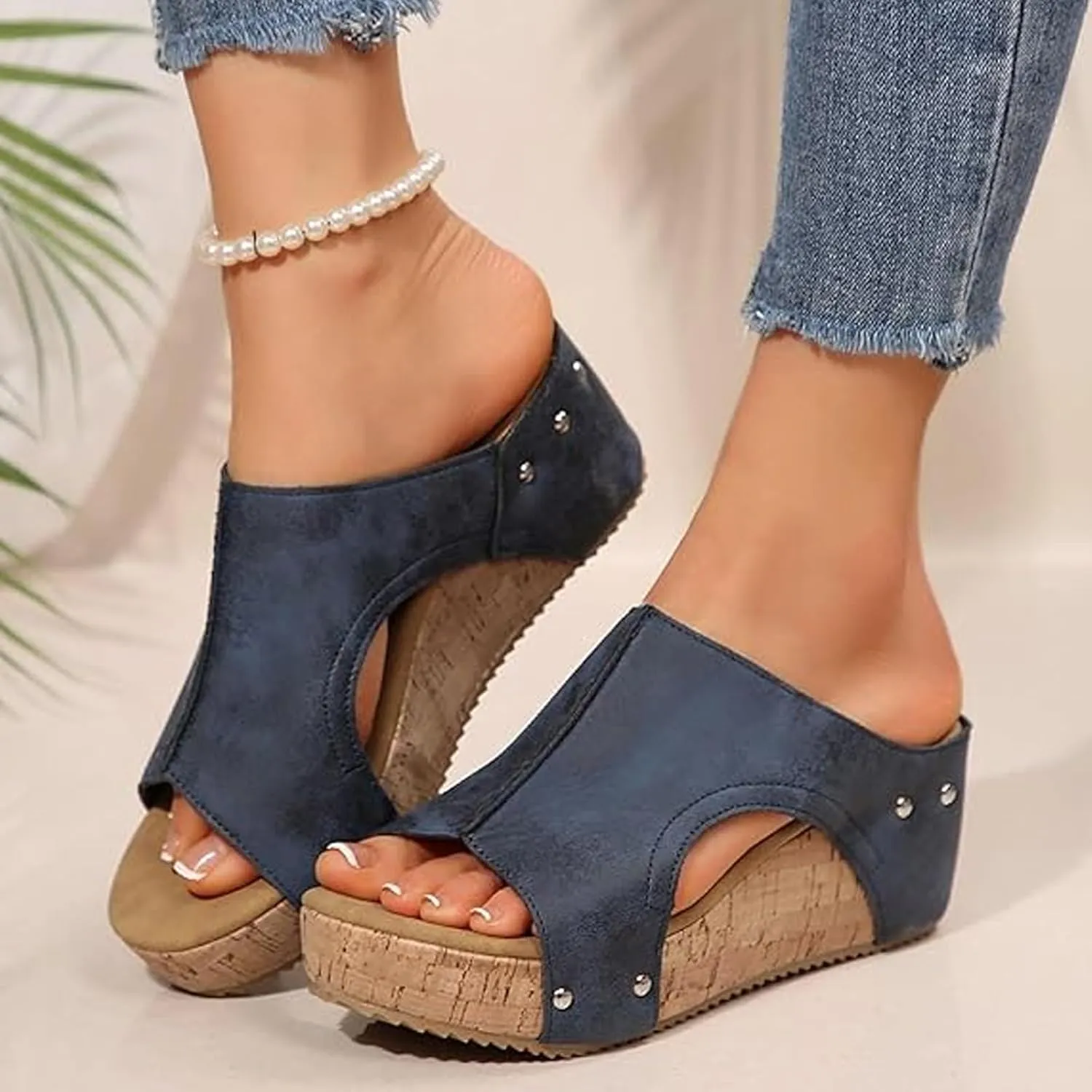 Lumi Cork Wedges, Maison Birch Lumi Cork Wedges, Women's Thick Sole Comfy Leather Wedge Non-slip Orthopedic Sandals