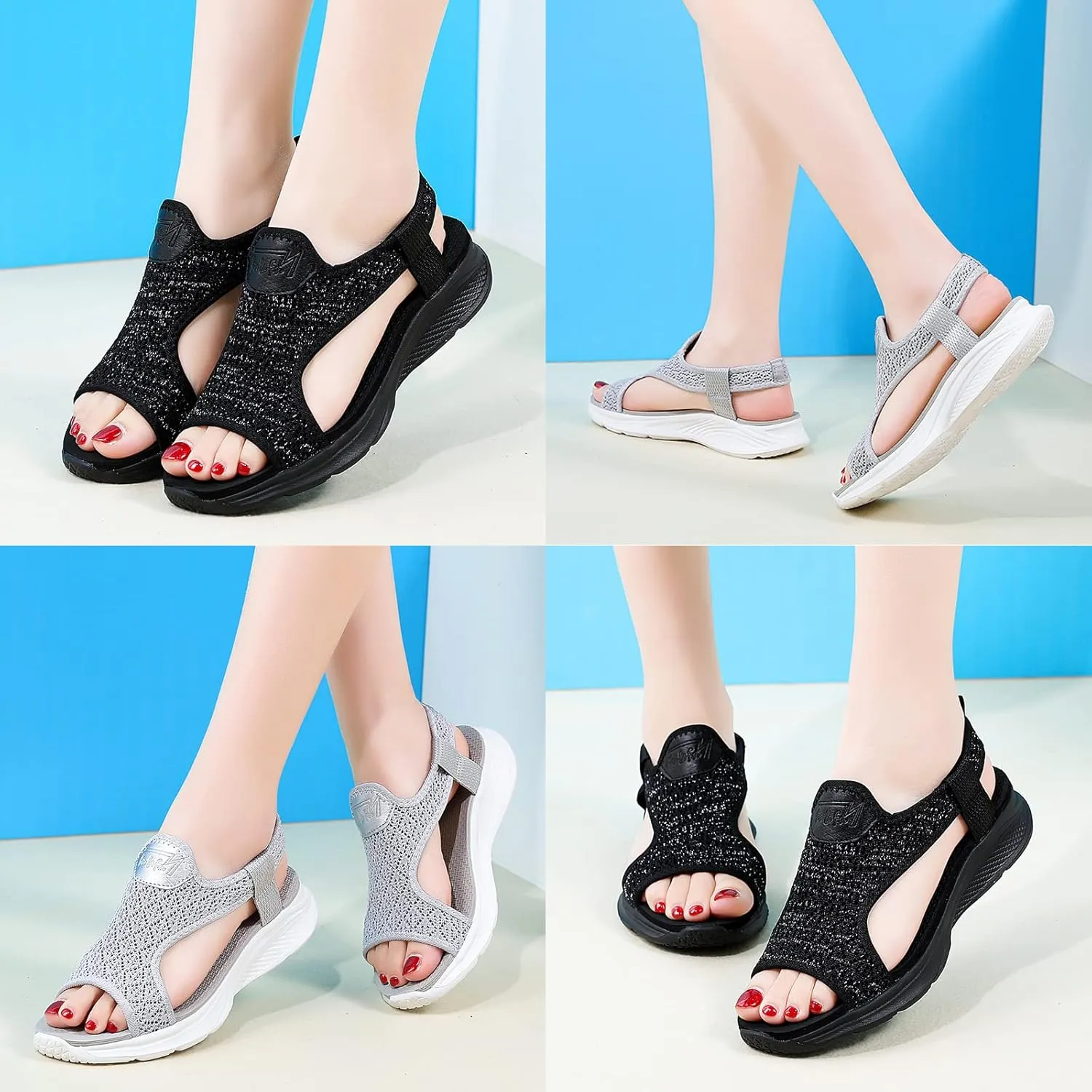 Lymphvity Women'S Summer Mesh Breathable Sports Sandals, Knitting Lightweight Hollow Out Slip On Orthopedic Slide Solid Color Open Toe Walking Sandals