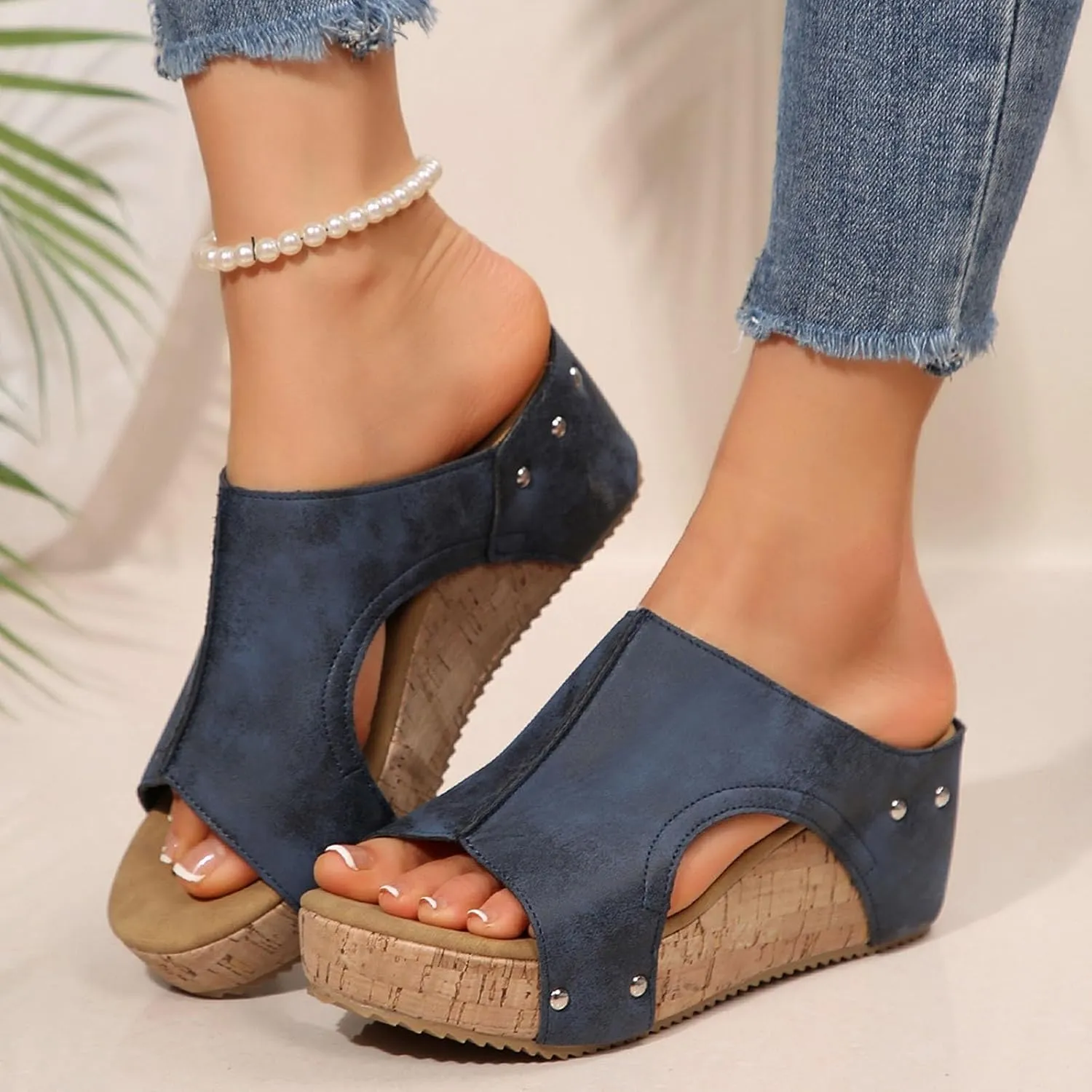 Maison Birch Lumi Cork Wedges & Platform Slides, Women's Thick Sole Comfy Leather Wedge Non-slip Summer Sandals