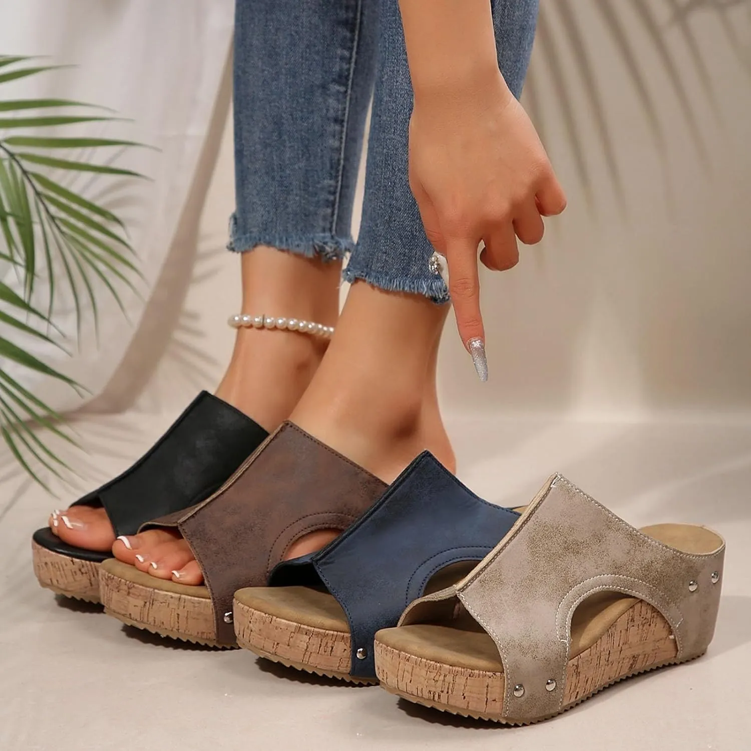 Maison Birch Lumi Cork Wedges & Platform Slides, Women's Thick Sole Comfy Leather Wedge Non-slip Summer Sandals
