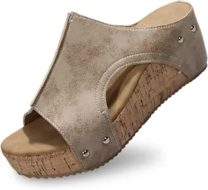 Maison Birch Lumi Cork Wedges & Platform Slides, Women's Thick Sole Comfy Leather Wedge Non-slip Summer Sandals