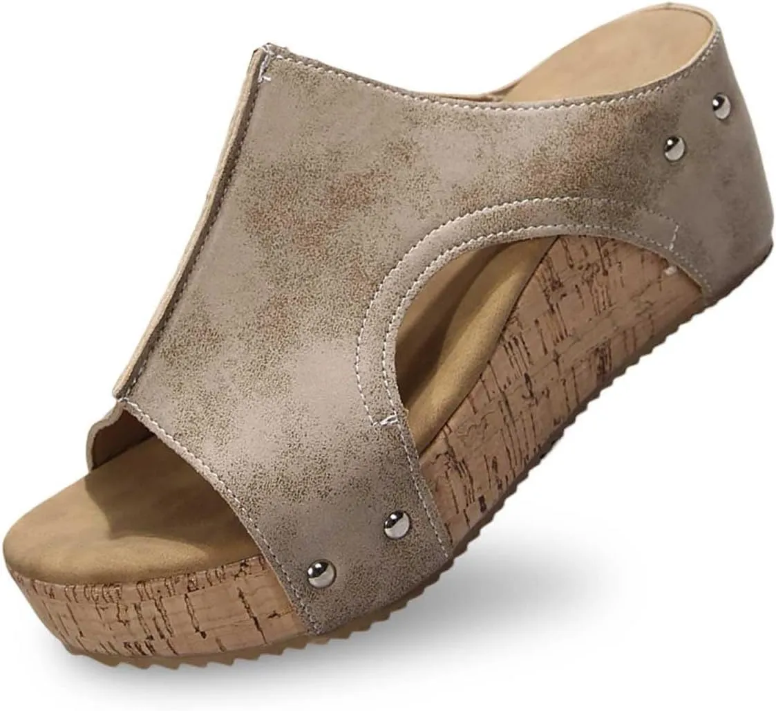 Maison Birch Lumi Cork Wedges & Platform Slides, Women's Thick Sole Comfy Leather Wedge Non-slip Summer Sandals