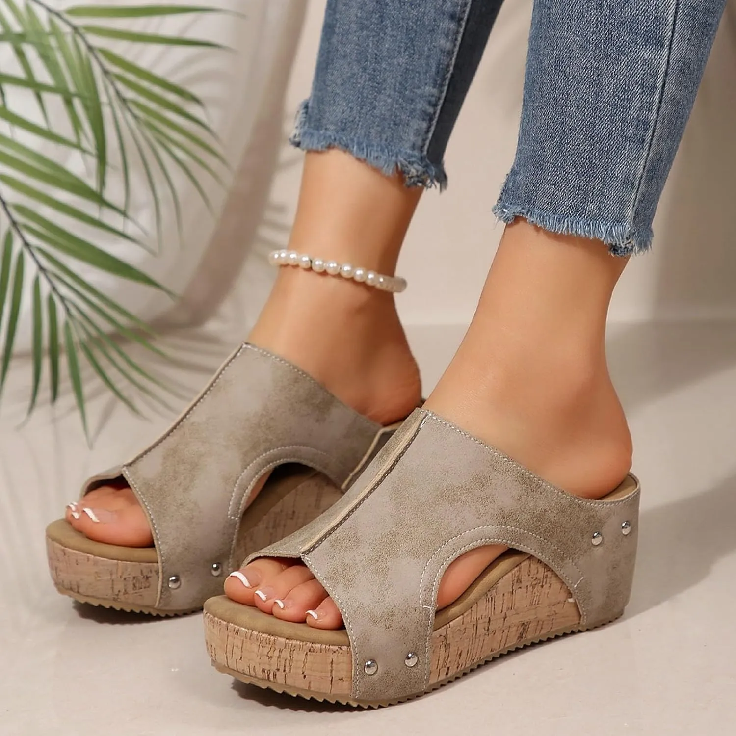 Maison Birch Lumi Cork Wedges & Platform Slides, Women's Thick Sole Comfy Leather Wedge Non-slip Summer Sandals