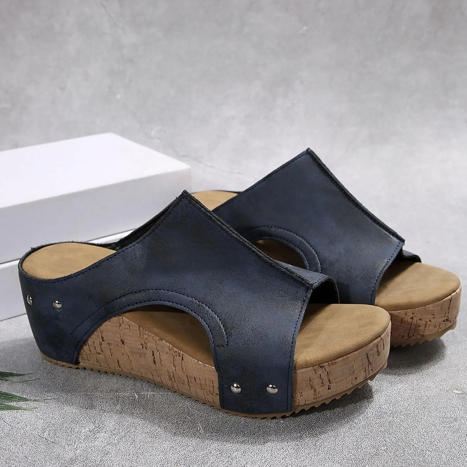 Maison Birch Lumi Cork Wedges & Platform Slides, Women's Thick Sole Comfy Leather Wedge Non-slip Summer Sandals