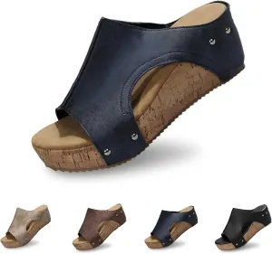 Maison Birch Lumi Cork Wedges & Platform Slides, Women's Thick Sole Comfy Leather Wedge Non-slip Summer Sandals