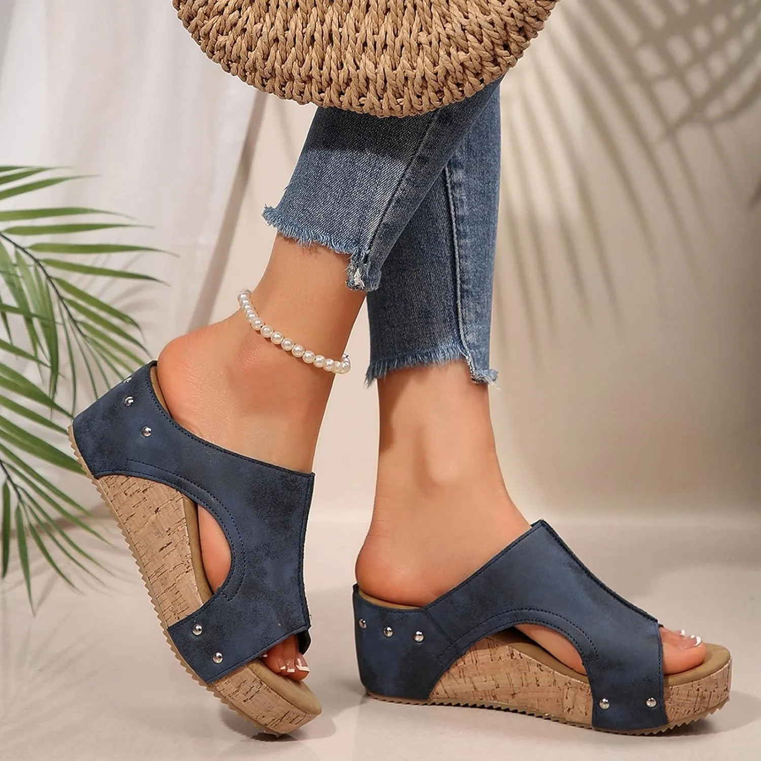 Maison Birch Lumi Cork Wedges & Platform Slides, Women's Thick Sole Comfy Leather Wedge Non-slip Summer Sandals