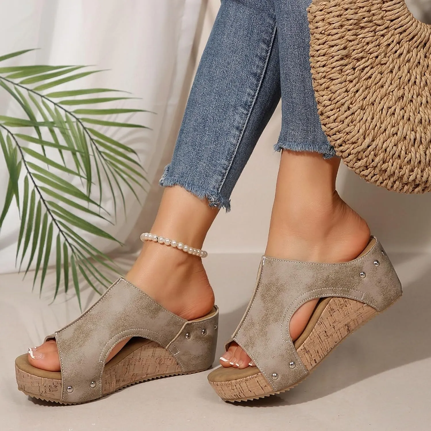 Maison Birch Lumi Cork Wedges & Platform Slides, Women's Thick Sole Comfy Leather Wedge Non-slip Summer Sandals