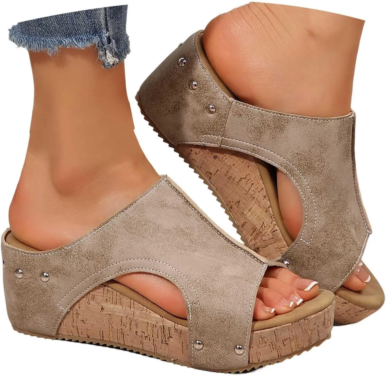 Maison Birch Lumi Cork Wedges & Platform Slides, Women's Thick Sole Comfy Leather Wedge Non-slip Summer Sandals