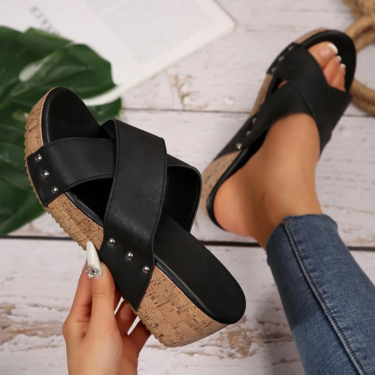 Maison Birch Lumi Cork Wedges, Women's Thick Sole Comfy Leather Wedge Non-slip Summer Sandals