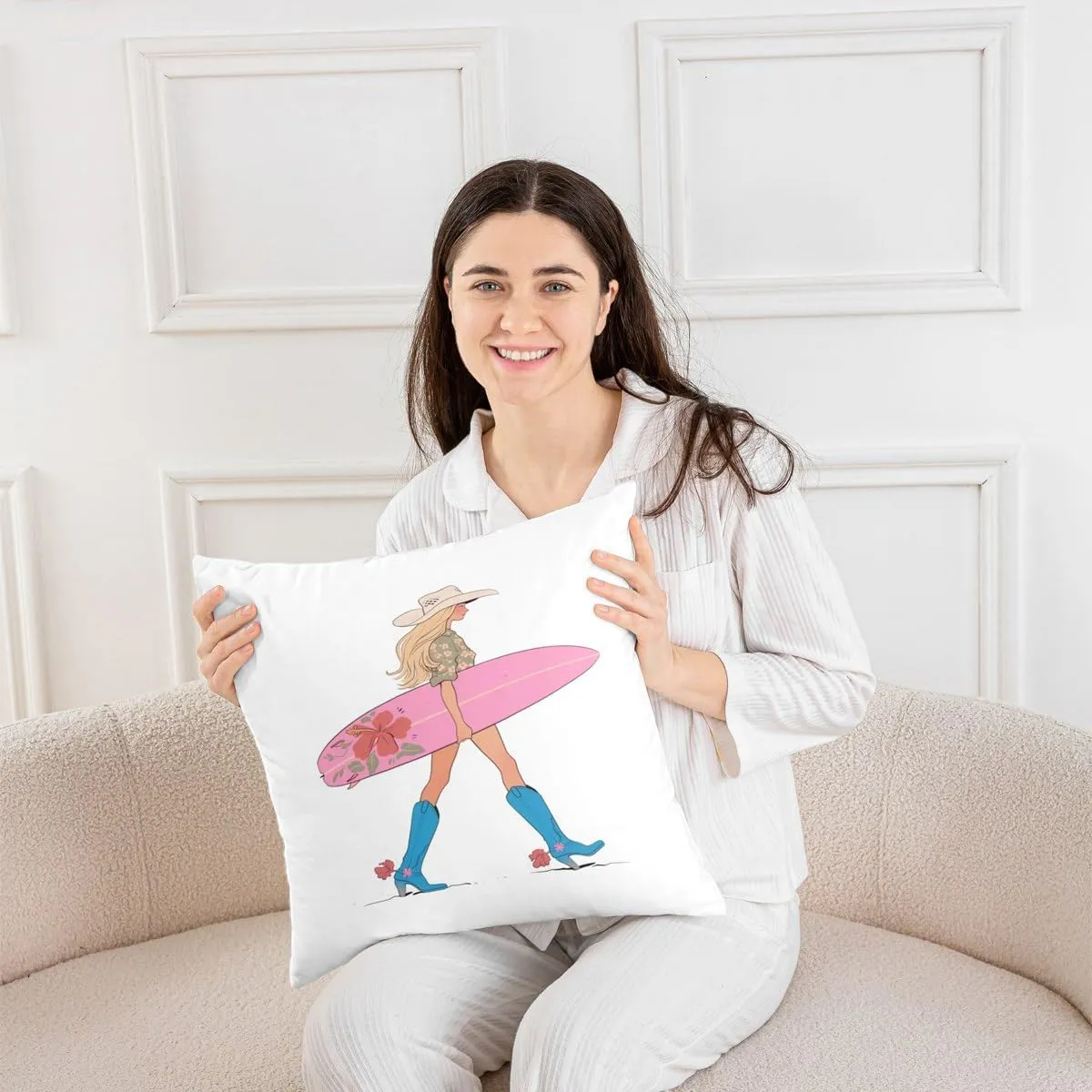 Manfei Western Cowgirl Throw Pillow Cover,Cowgirl Boots Surfboard Summer Beach Double Sides Pillow Case,Flowers Rustic Lake House Cabin Pink Chic Bed Couch Sofa Cushion Cover,2 Pack 18"x18"