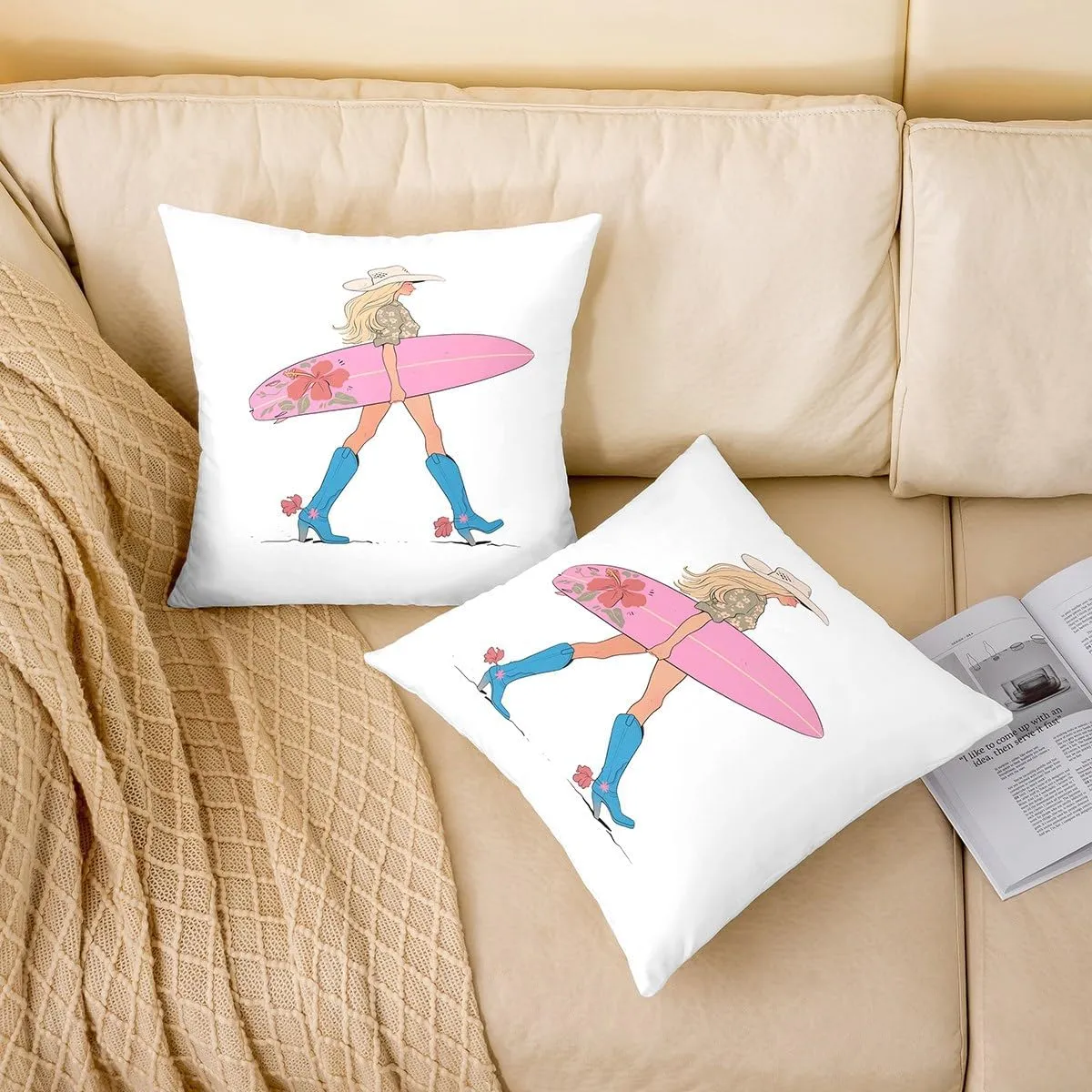 Manfei Western Cowgirl Throw Pillow Cover,Cowgirl Boots Surfboard Summer Beach Double Sides Pillow Case,Flowers Rustic Lake House Cabin Pink Chic Bed Couch Sofa Cushion Cover,2 Pack 18"x18"