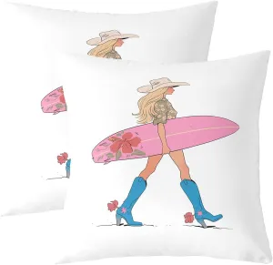 Manfei Western Cowgirl Throw Pillow Cover,Cowgirl Boots Surfboard Summer Beach Double Sides Pillow Case,Flowers Rustic Lake House Cabin Pink Chic Bed Couch Sofa Cushion Cover,2 Pack 18"x18"