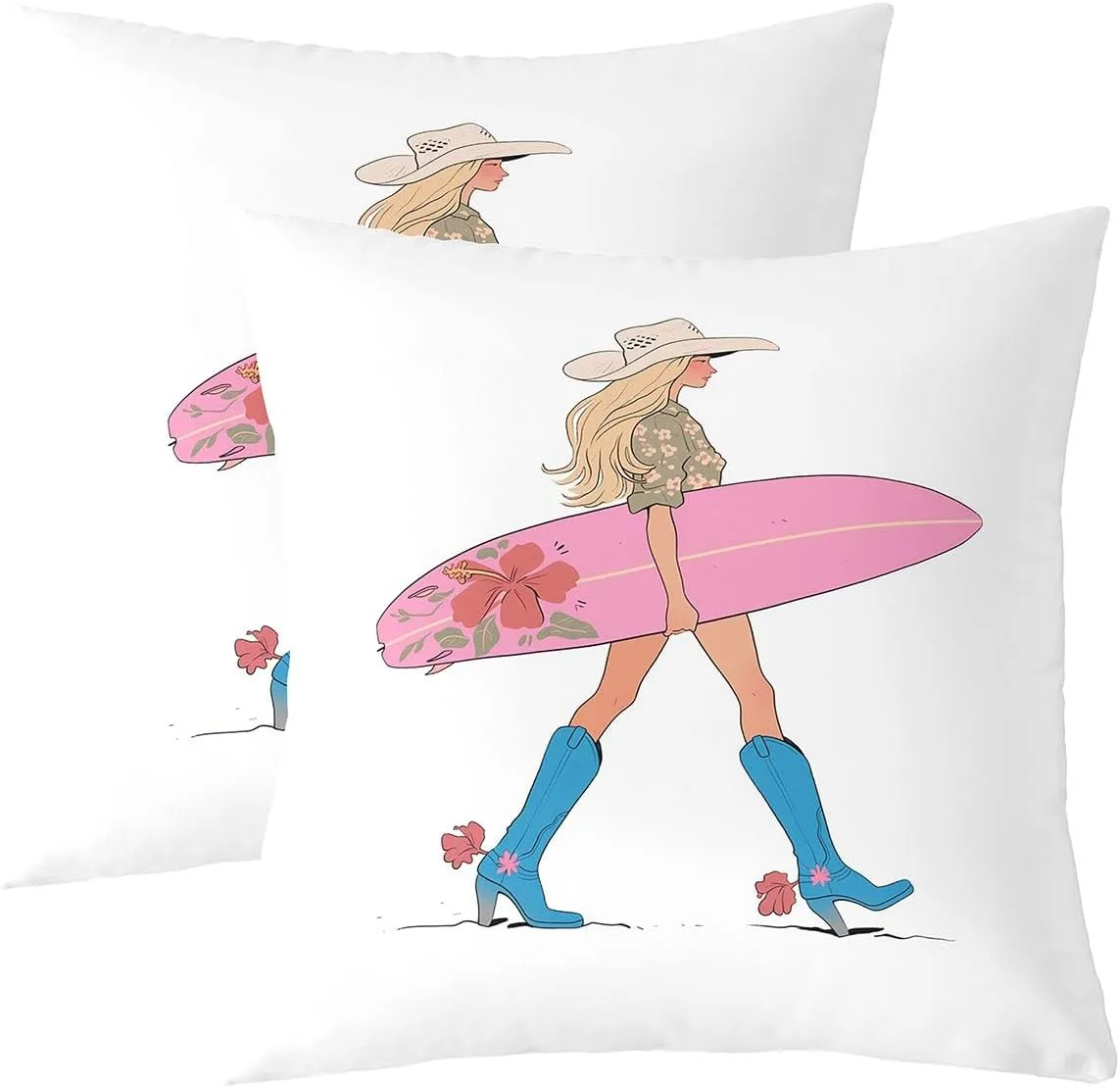 Manfei Western Cowgirl Throw Pillow Cover,Cowgirl Boots Surfboard Summer Beach Double Sides Pillow Case,Flowers Rustic Lake House Cabin Pink Chic Bed Couch Sofa Cushion Cover,2 Pack 18"x18"
