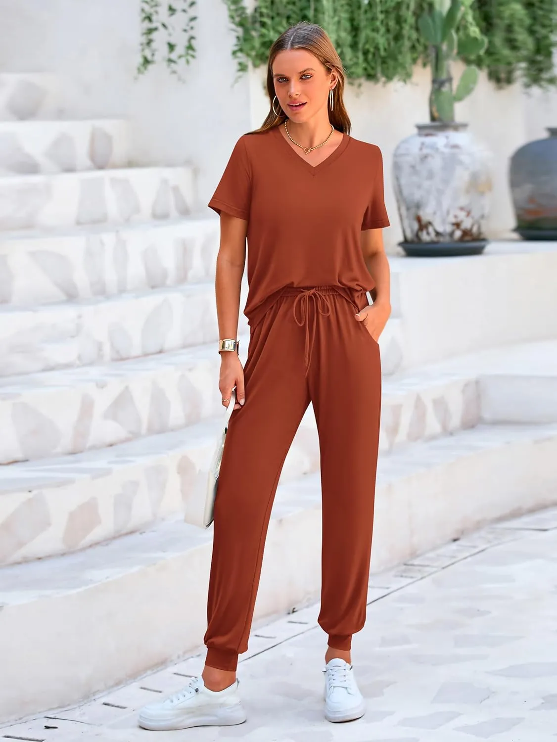 MASCOMODA Womens 2 Piece Outfits Summer Casual V Neck Short Sleeve Tops Long Pants Tracksuit Lounge Jogger Set with Pockets