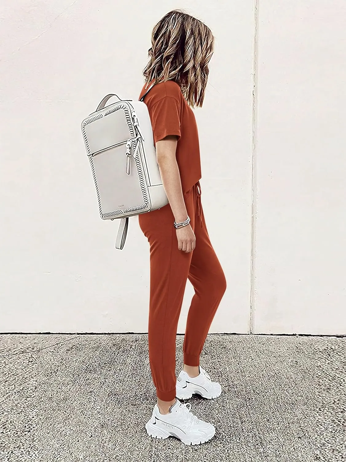 MASCOMODA Womens 2 Piece Outfits Summer Casual V Neck Short Sleeve Tops Long Pants Tracksuit Lounge Jogger Set with Pockets