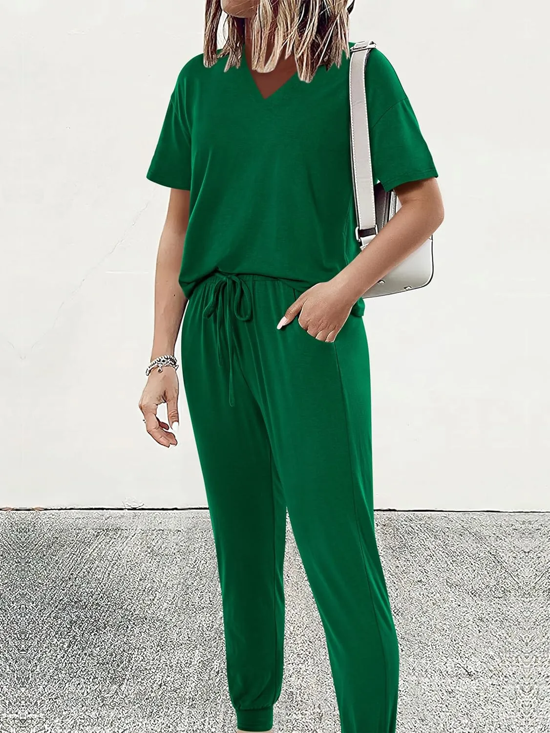 MASCOMODA Womens 2 Piece Outfits Summer Casual V Neck Short Sleeve Tops Long Pants Tracksuit Lounge Jogger Set with Pockets