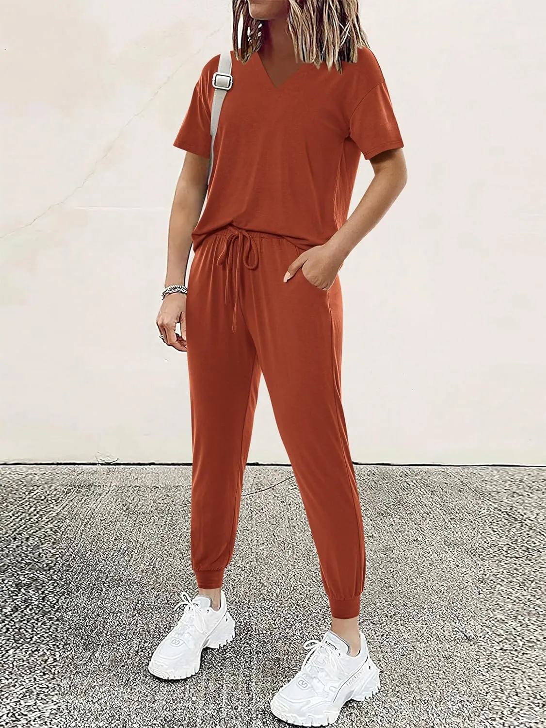 MASCOMODA Womens 2 Piece Outfits Summer Casual V Neck Short Sleeve Tops Long Pants Tracksuit Lounge Jogger Set with Pockets