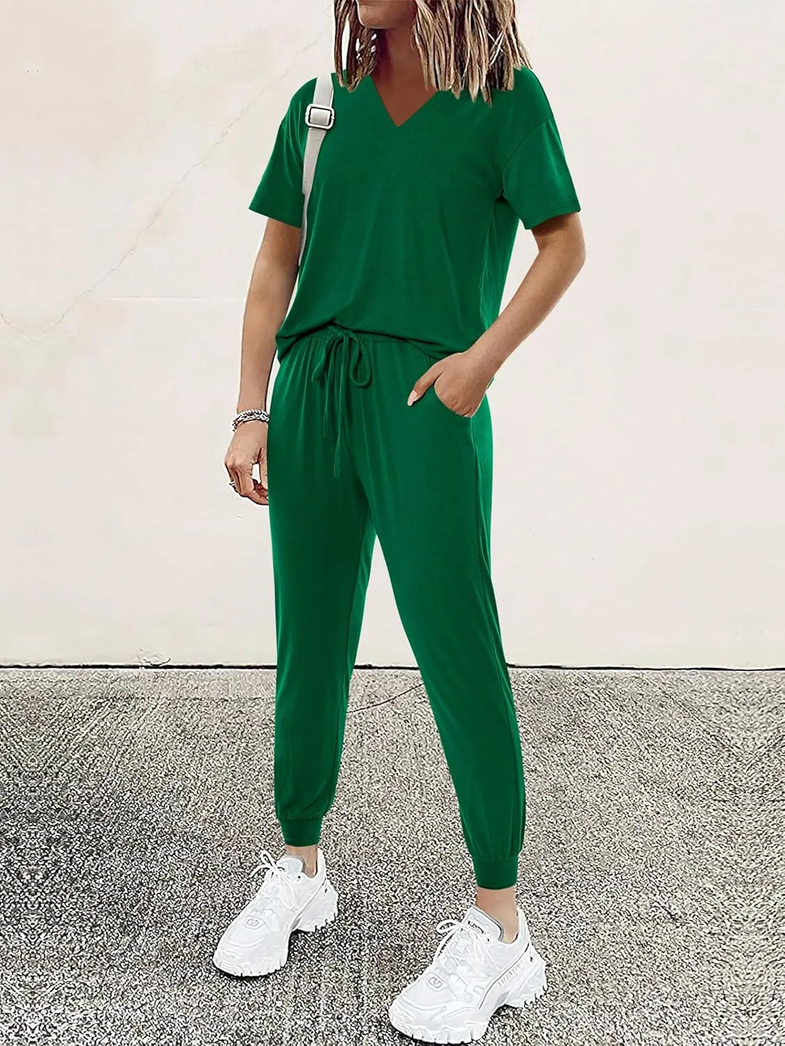 MASCOMODA Womens 2 Piece Outfits Summer Casual V Neck Short Sleeve Tops Long Pants Tracksuit Lounge Jogger Set with Pockets