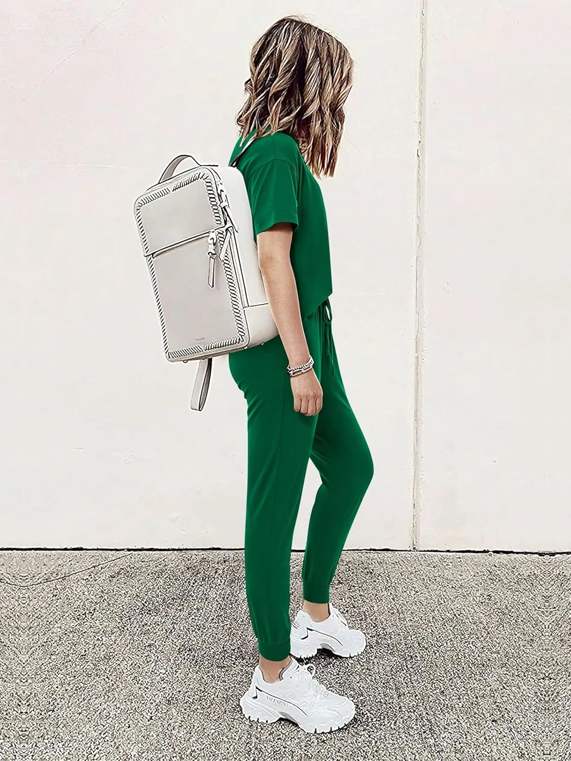 MASCOMODA Womens 2 Piece Outfits Summer Casual V Neck Short Sleeve Tops Long Pants Tracksuit Lounge Jogger Set with Pockets