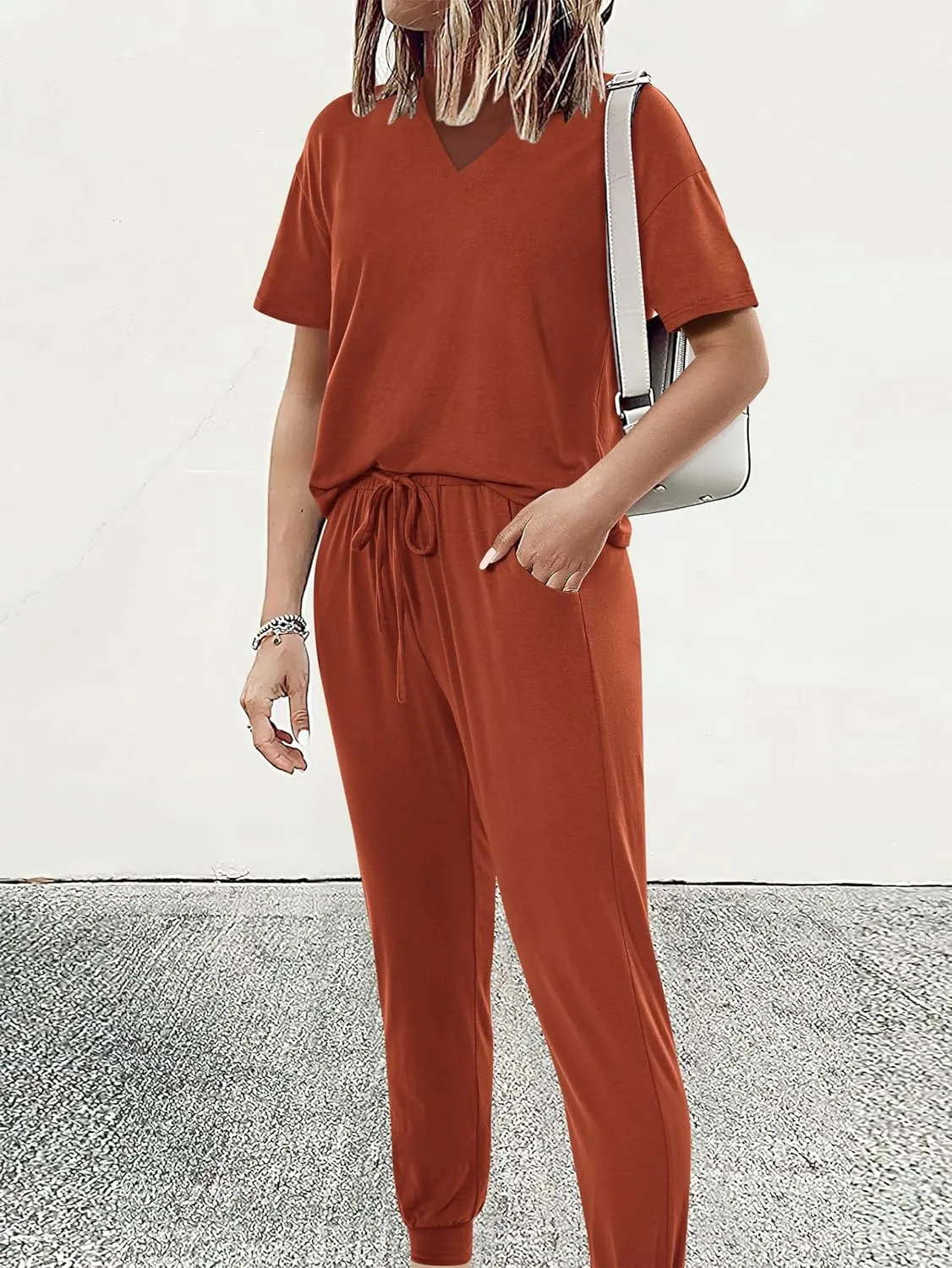 MASCOMODA Womens 2 Piece Outfits Summer Casual V Neck Short Sleeve Tops Long Pants Tracksuit Lounge Jogger Set with Pockets