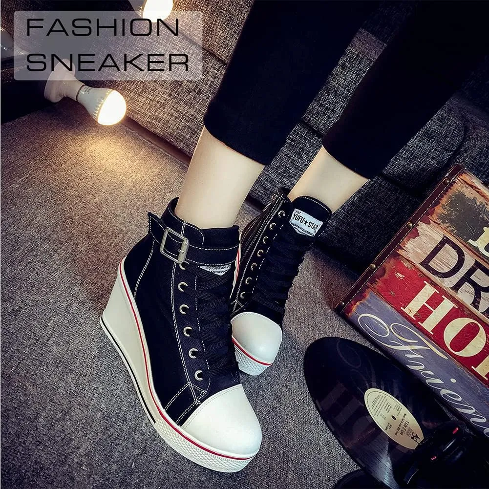 Mei MACLEOD Wedge Heel Sneaker for Women High Heel Sneaker Side Zipper/Lace Up Canvas Shoes for Ladies College Students