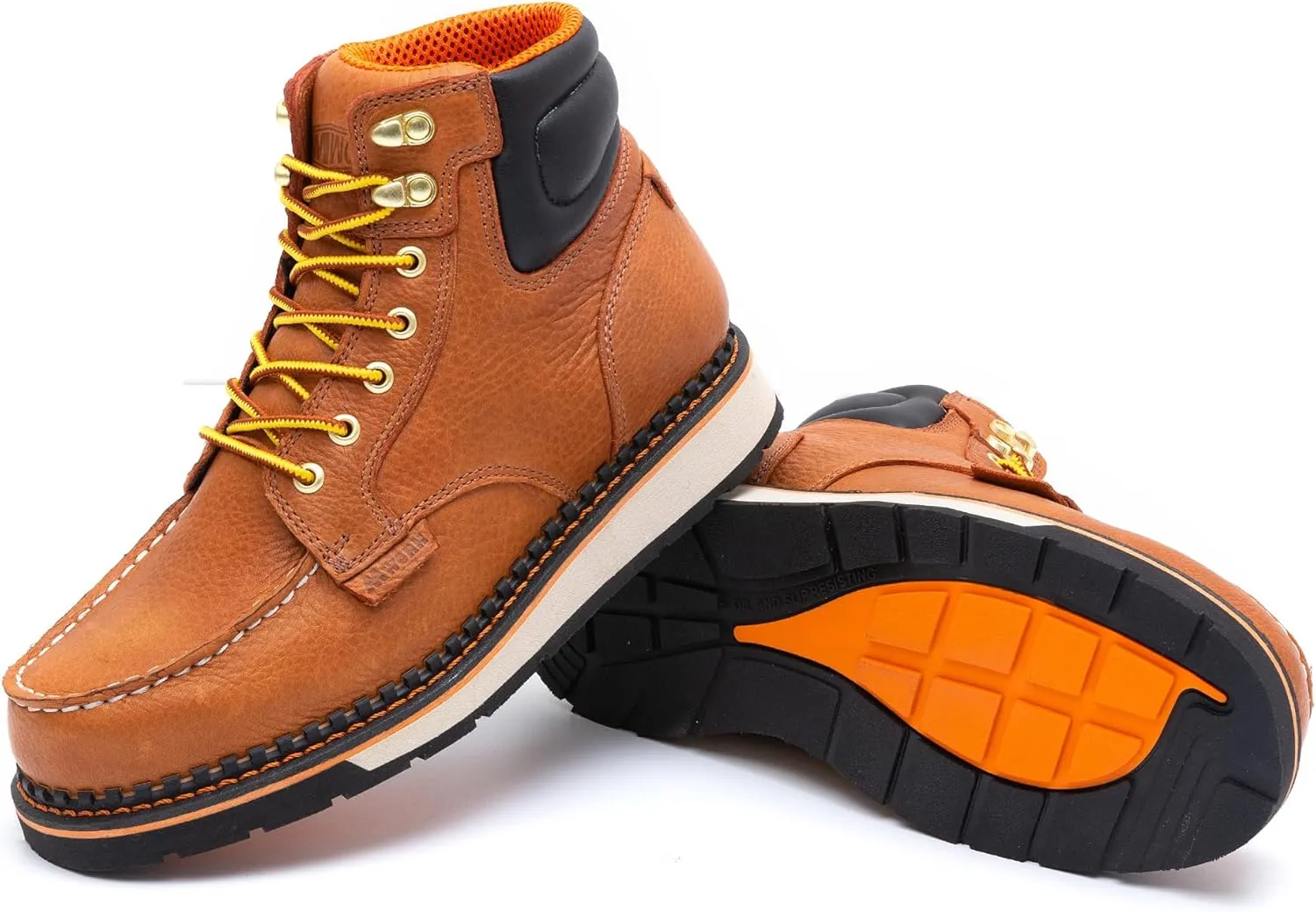 Men's 6 Inch Soft Moc Toe Work Boot, Premium Full-Grain Leather, Abrasion & Oil & Slip Toughest Wedge Sole, EH Rated, Arch Support Anti Fatigue