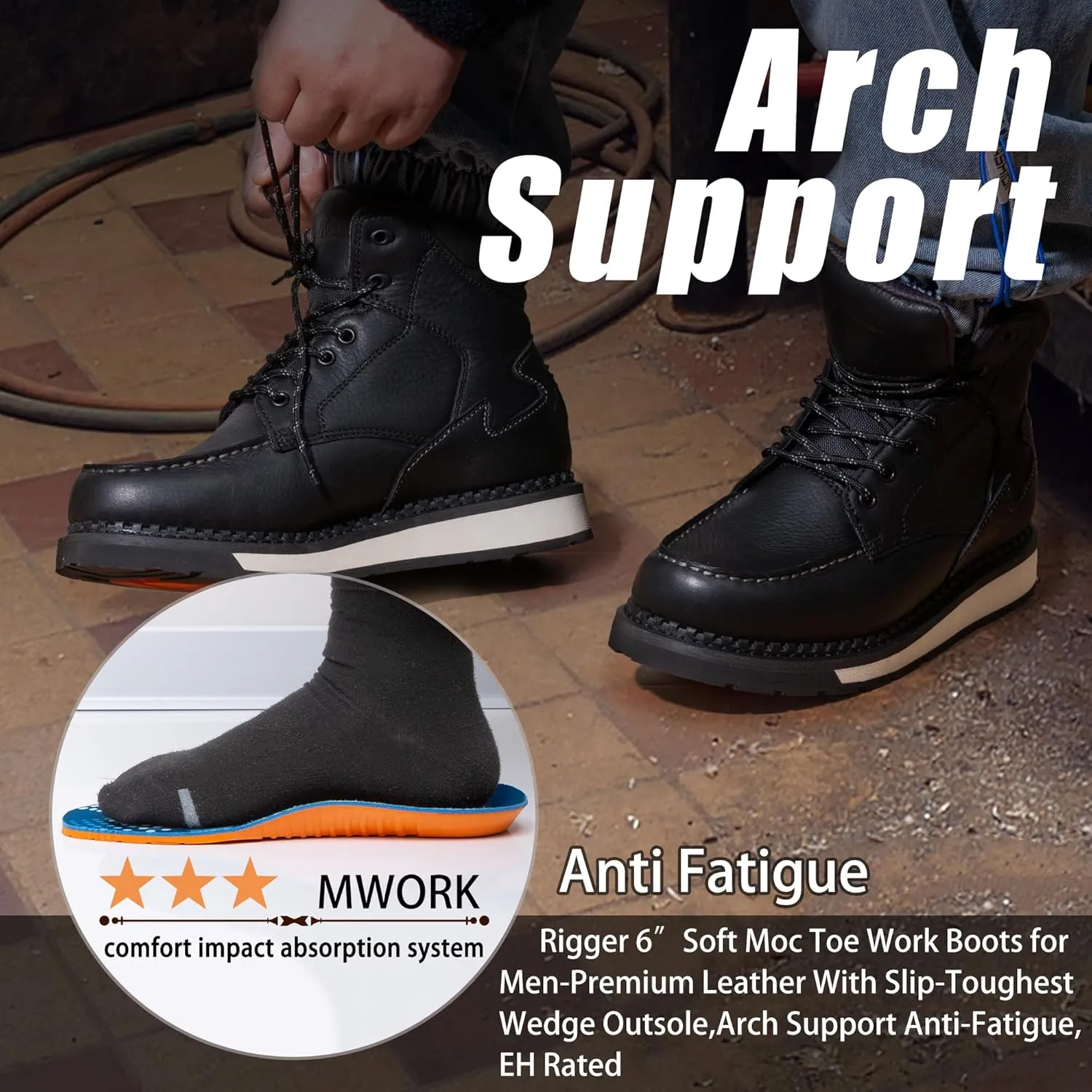 Men's 6 Inch Soft Moc Toe Work Boot, Premium Full-Grain Leather, Abrasion & Oil & Slip Toughest Wedge Sole, EH Rated, Arch Support Anti Fatigue