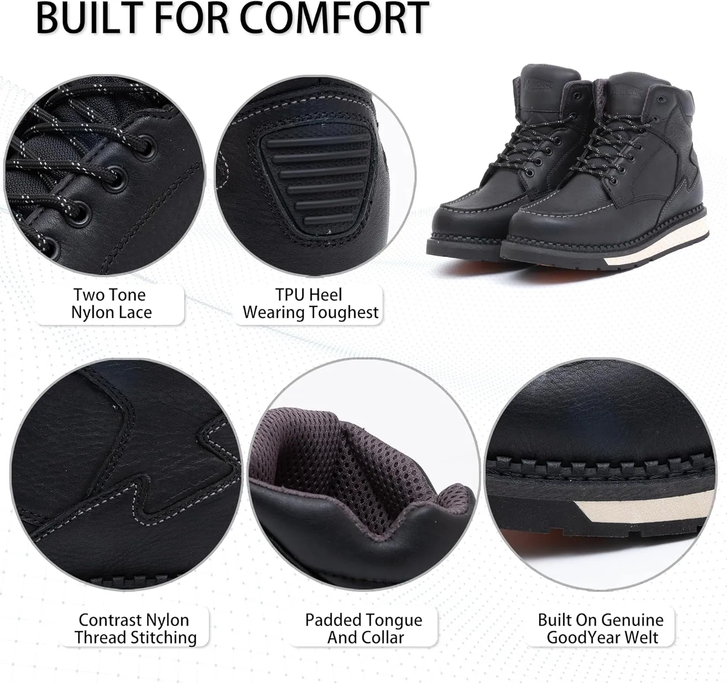 Men's 6 Inch Soft Moc Toe Work Boot, Premium Full-Grain Leather, Abrasion & Oil & Slip Toughest Wedge Sole, EH Rated, Arch Support Anti Fatigue