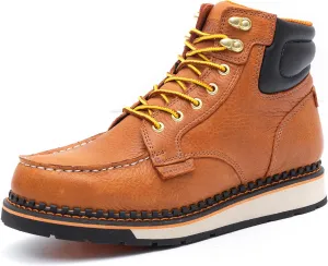 Men's 6 Inch Soft Moc Toe Work Boot, Premium Full-Grain Leather, Abrasion & Oil & Slip Toughest Wedge Sole, EH Rated, Arch Support Anti Fatigue