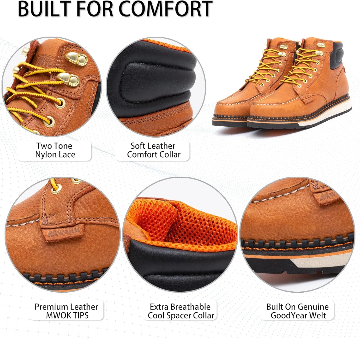 Men's 6 Inch Soft Moc Toe Work Boot, Premium Full-Grain Leather, Abrasion & Oil & Slip Toughest Wedge Sole, EH Rated, Arch Support Anti Fatigue