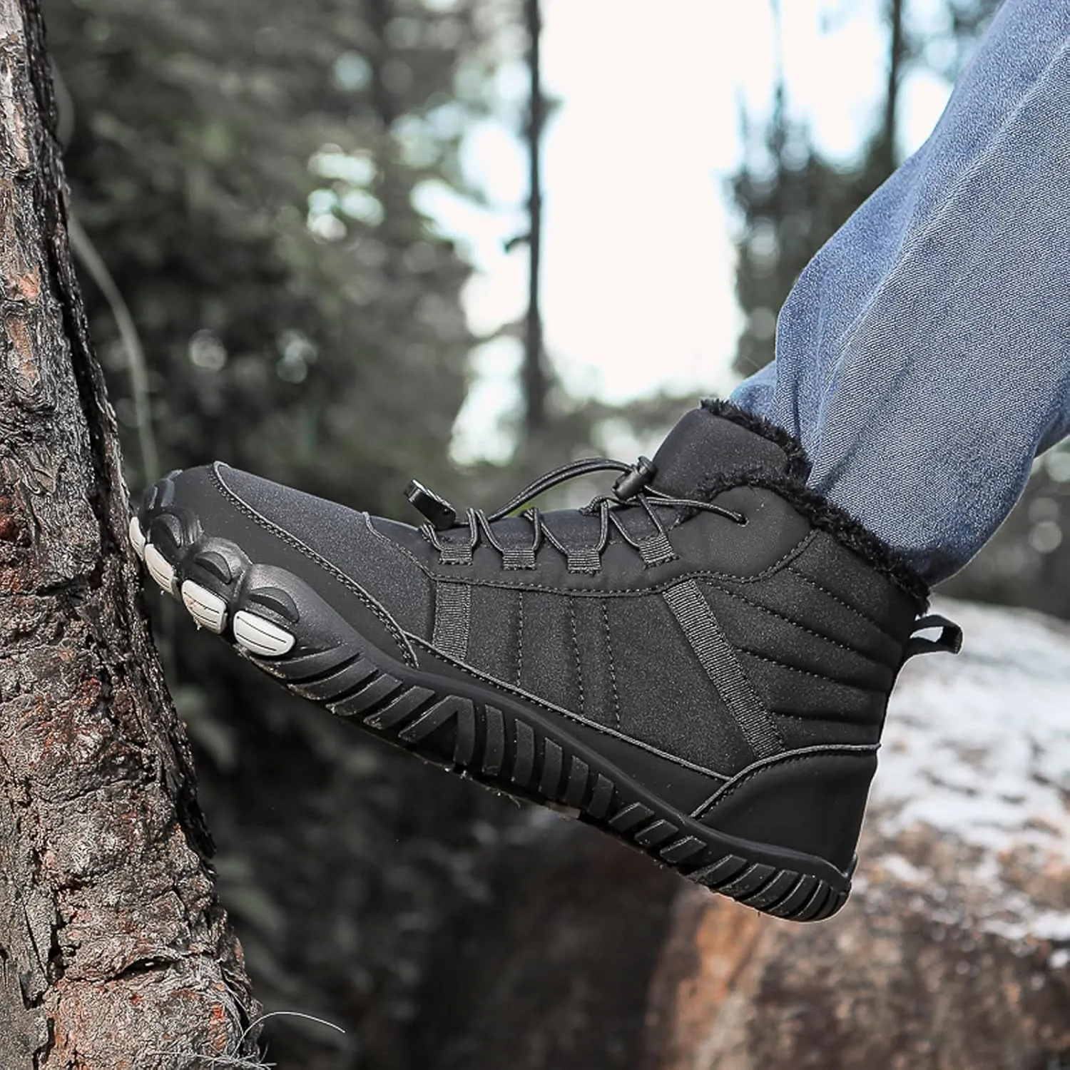 Men's and Women's Barefoot Hiking Boots | Zero Drop Winter Snow Boots with Wide Toe Box | Slip-On Waterproof Ankle Booties | Minimalist Five-Finger Sneakers for Outdoor Hiking and Walking