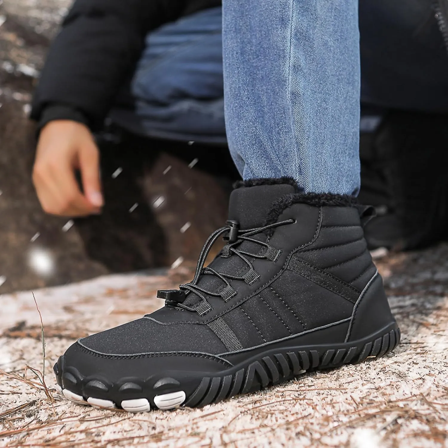 Men's and Women's Barefoot Hiking Boots | Zero Drop Winter Snow Boots with Wide Toe Box | Slip-On Waterproof Ankle Booties | Minimalist Five-Finger Sneakers for Outdoor Hiking and Walking