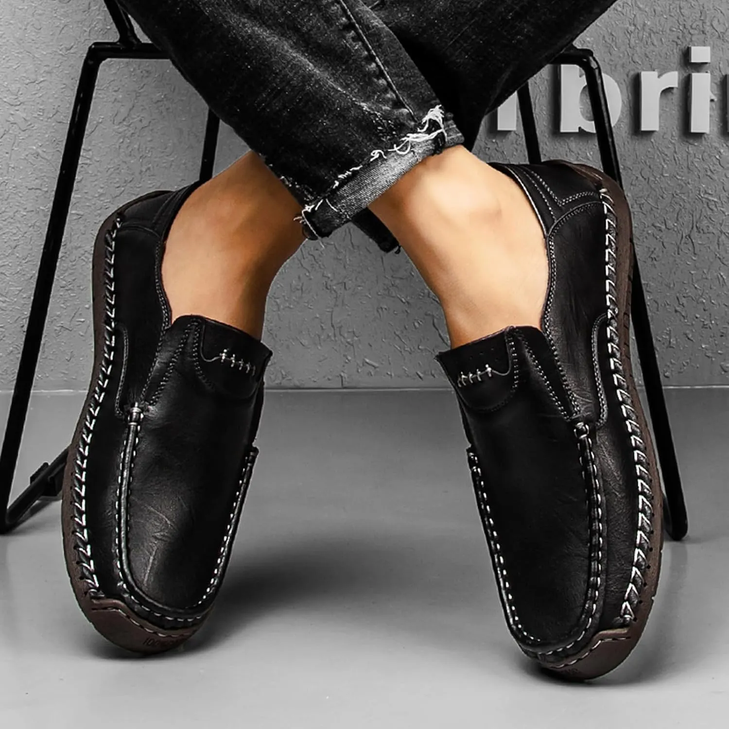 Men's Black Leather Loafers, Casual Business Shoes, Slip-On, Round Toe, Flat Heel, Maximum Cushioning, Water Resistant, Summer, Size 991 (US)