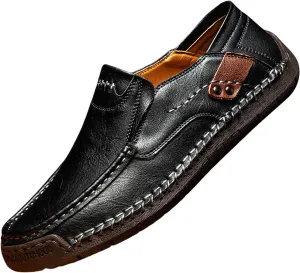 Men's Black Leather Loafers, Casual Business Shoes, Slip-On, Round Toe, Flat Heel, Maximum Cushioning, Water Resistant, Summer, Size 991 (US)