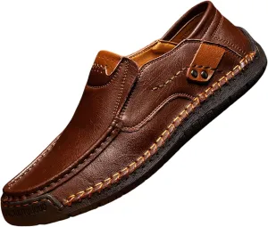 Men's Black Leather Loafers, Casual Business Shoes, Slip-On, Round Toe, Flat Heel, Maximum Cushioning, Water Resistant, Summer, Size 991 (US)