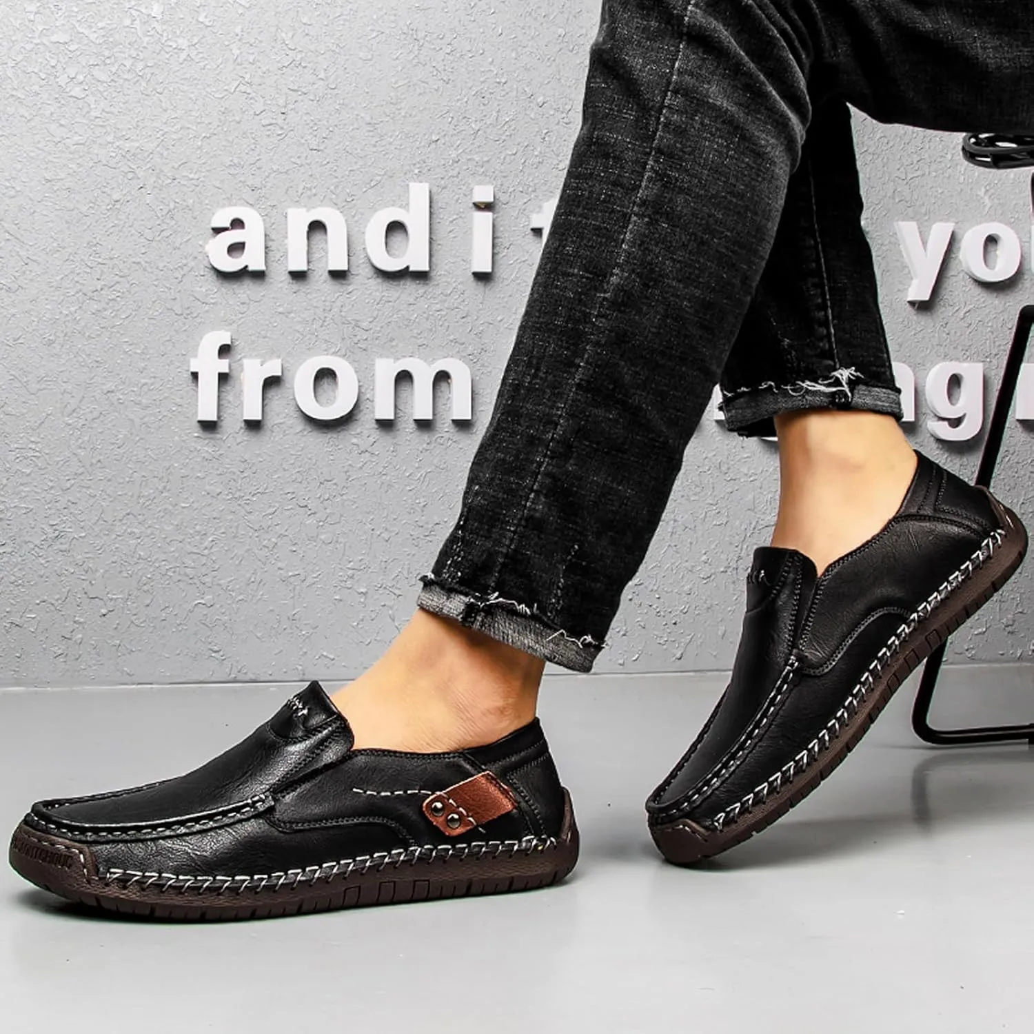 Men's Black Leather Loafers, Casual Business Shoes, Slip-On, Round Toe, Flat Heel, Maximum Cushioning, Water Resistant, Summer, Size 991 (US)